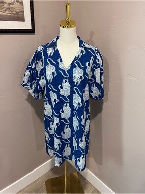 Anna Cate Blue Carter Dress in Royal Blue with White Abstract Tiger Print. NWT